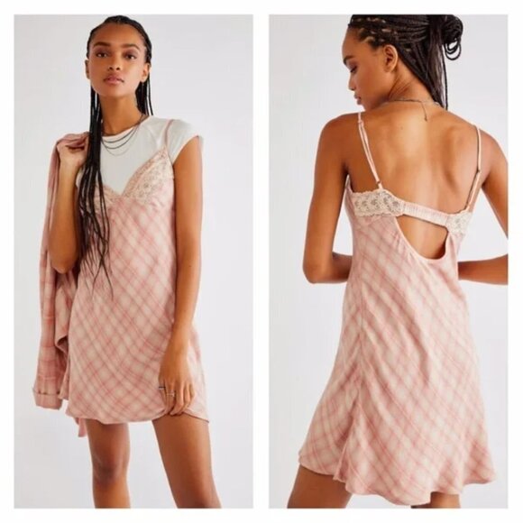 Free People Pink Plaid Lace Mini Slip Dress - Picture 1 of 9